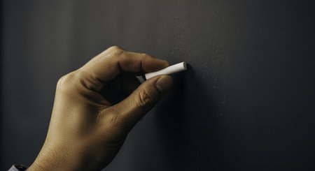 Close up of a human hand holding a white chalk stick against a dark blackboard, symbolizing education, learning, and creativity.の素材