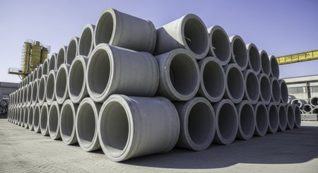 Large stack of newly manufactured concrete drainage pipes, neatly arranged in an outdoor industrial storage area under a clear sky, ready for infrastructure projects.の素材