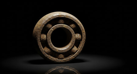 Single deeply rusted and heavily pitted ball bearing, its surface covered in intricate patterns of reddish brown corrosion, isolated on a dark background with reflection.の素材