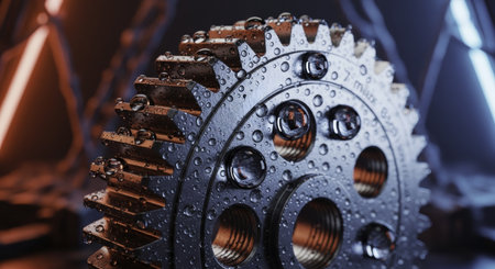 Close up of a metallic gear covered in glistening water droplets. the gear features intricate teeth, circular holes, and the text 7 minute, suggesting precision and industrial design.の素材