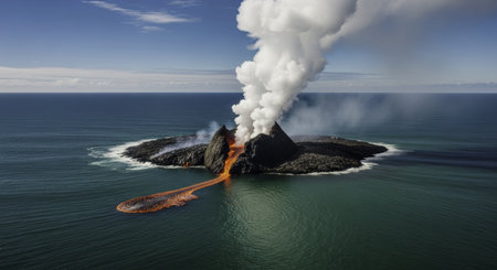 Newly formed volcanic island actively erupting, with a large plume of smoke and molten lava flowing into the deep emerald ocean under a clear blue sky.の素材