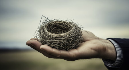 Man hand carefully holds a fragile, empty bird nest, symbolizing themes of loss, new beginnings, home, future, and care in nature.の素材