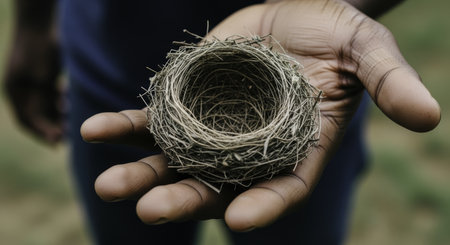 Dark skinned hand gently holding a single, empty bird nest made of twigs and straw. symbolizes fragility, loss, new beginnings, and the delicate balance of nature.の素材