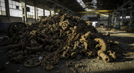 Large heap of various discarded, rusty industrial machine parts, including gears, chains, and metal components, on the floor of an abandoned, derelict factory building. focus on decay and industrial waste.の素材