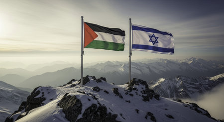 Palestinian and israeli flags waving side by side on a snow capped mountain peak, representing peace, conflict resolution, and diplomacy.の素材