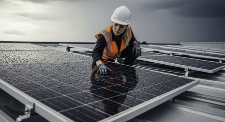 Female engineer in a hard hat and safety vest kneels on a rooftop, inspecting solar panels covered in raindrops. focus on renewable energy and sustainable technology.の素材