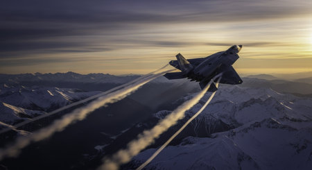 Stealth fighter jet flying at high speed over a vast snowy mountain range with long contrails against a dramatic sunset sky. military aviation and power concept.の素材