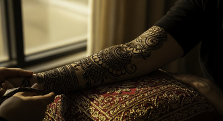 Intricate black henna tattoo art adorning a woman arm, showcasing detailed patterns and traditional designs. applied for a cultural event or celebration, highlighting beauty and tradition.の素材