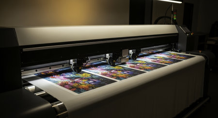 Industrial large format printer actively producing multiple copies of vibrant abstract art designs on a roll of material. high quality digital printing process in operation.の素材