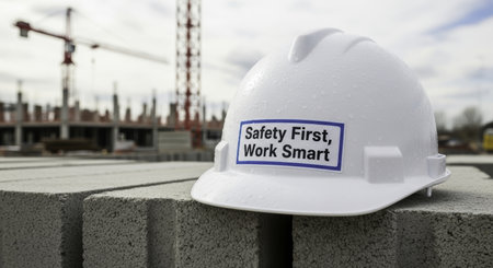 White hard hat with safety first, work smart sticker resting on concrete blocks at a construction site, symbolizing workplace safety and industrial protection.の素材