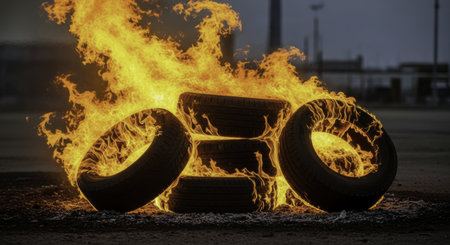 Pile of car tires burning intensely with bright yellow and orange flames, creating a dangerous and polluting scene. represents protest, destruction, and environmental concerns.の素材