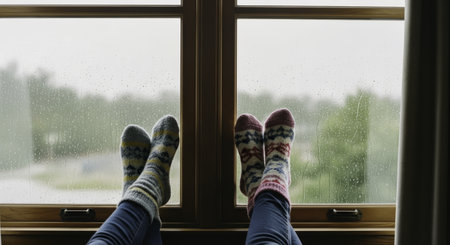 Two pairs of feet wearing colorful knitted socks propped up against a window frame, with raindrops on the glass and blurred green trees outside, conveying comfort and relaxation.の素材