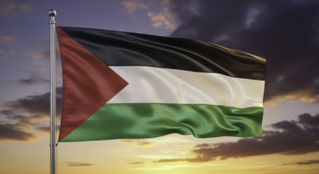 Flag of palestine waving against a dramatic sunset sky. features black, white, and green horizontal stripes with a red triangle on the hoist side, symbolizing national identity and pride.の素材