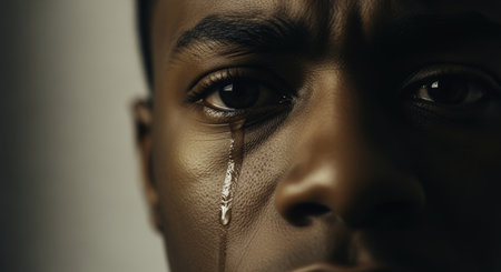 Close up of a man eye with a tear falling down his cheek, conveying profound sadness, grief, and emotional pain.の素材