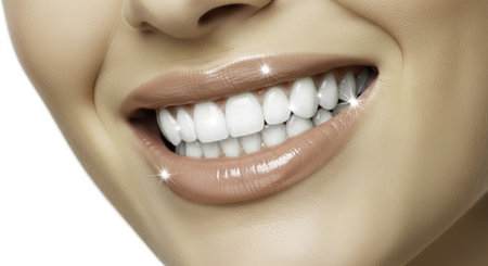 Woman healthy smile with bright white teeth and shiny glossy lips, emphasizing dental health, beauty, and oral hygiene.の素材