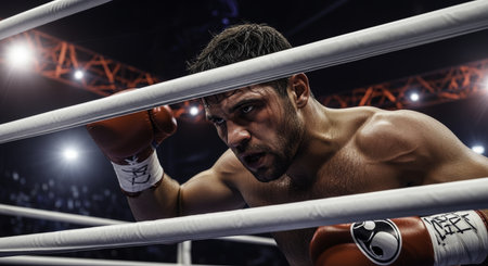 Intense male boxer with sweat on his face leaning on the ropes of a professional boxing ring. he wears red boxing gloves, displaying determination and focus during a match in a brightly lit arena.の素材