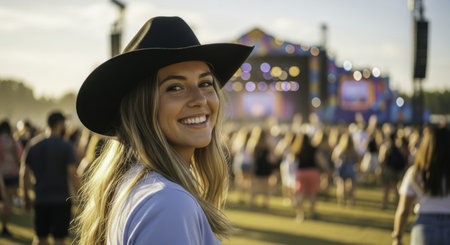 Young woman with long blonde hair and a black cowboy hat smiling at an outdoor music festival, with a blurred crowd and stage lights in the background.の素材