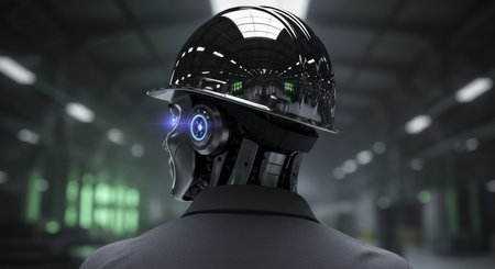 Futuristic robot worker wearing a shiny hard hat, viewed from the back, with glowing blue eyes in a modern industrial factory setting. represents automation, technology, and the future of labor.の素材