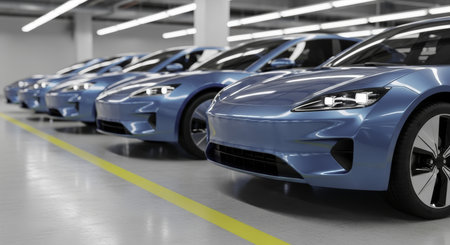 Row of sleek, glossy metallic blue electric cars lined up in a clean, well lit automotive production facility. represents sustainable technology, future transportation, and innovation.の素材