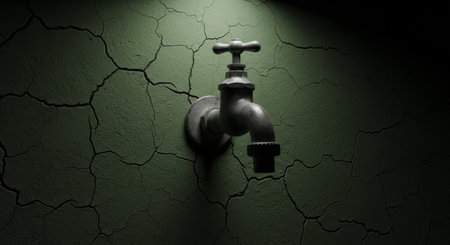 Dark water faucet on a deeply cracked, dry green wall, symbolizing severe drought, global water shortage, and climate change. concept of environmental crisis.の素材