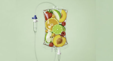 Transparent IV bag filled with a vibrant assortment of fresh fruits including strawberry, apple, orange, lime, peach, and raspberry, symbolizing natural health, nutrition, and wellness.の素材