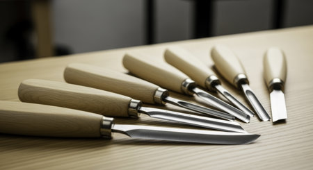 Professional wood carving tools with light wooden handles and shiny metal blades, including various knives and gouges, neatly arranged on a light wooden surface.の素材