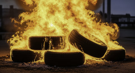 Pile of five car tires engulfed in powerful, bright yellow and orange flames, emitting intense heat and light. represents environmental pollution, protest, or waste disposal issues.の素材