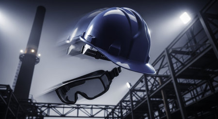 Blue hard hat and dark safety goggles suspended with motion blur against an industrial background with factory structures and bright lights, symbolizing workplace safety and protection.の素材