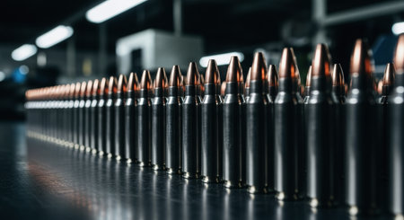 Silver toned metal military cartridges, specifically bullets, neatly arranged in numerous rows on a dark, matte surface, suggesting an industrial or factory environment.の素材