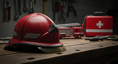 Red firefighter helmet resting on a distressed wooden workbench. blurred background features a toy fire truck, a red first aid kit, and various tools, symbolizing emergency services and safety.の素材