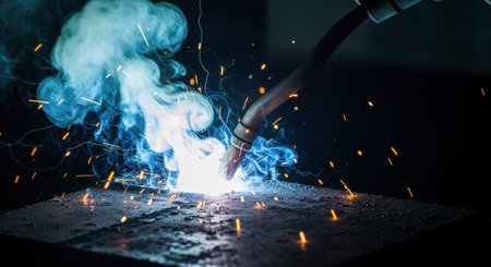 Electric arc welding process with intense bright light, sparks flying, and blue smoke rising from the molten metal surface. industrial work.の素材