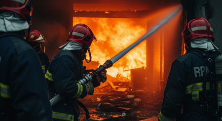 Professional firefighters in dark blue suits and red helmets actively extinguishing a massive building fire with a powerful water stream. intense flames and smoke fill the background, highlighting emergency and danger.の素材