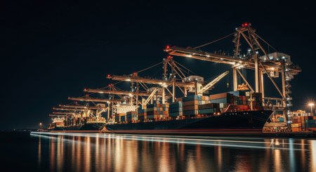 Large container ship docked at a busy commercial port at night, illuminated by bright lights, with multiple gantry cranes loading cargo containers. long exposure creates light trails on the water.の素材