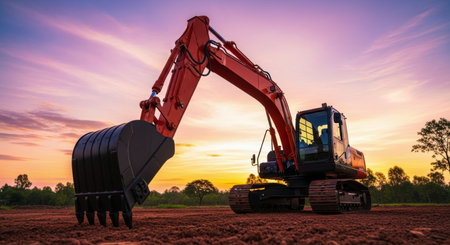 Large orange excavator with a black bucket standing on reddish brown soil at a construction site. vibrant sunset sky with purple and orange hues in the background, symbolizing development and progress.の素材