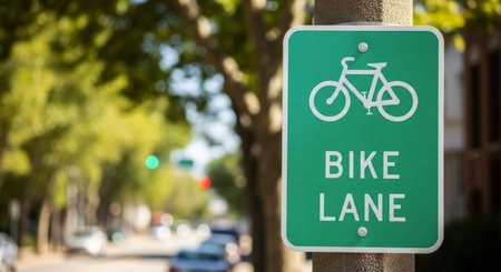 Green street sign with white bicycle symbol and BIKE LANE text, mounted on a pole. blurred urban street with trees and traffic lights in the background, indicating city cycling infrastructure.の素材