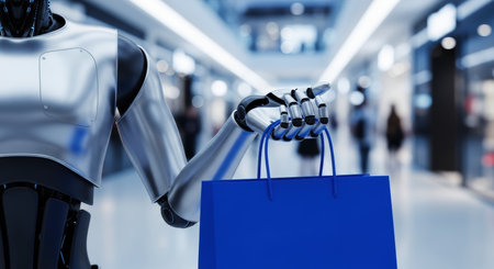 Sleek robot arm holding a blue shopping bag in a contemporary shopping mall, illustrating artificial intelligence in retail and consumerism.の素材