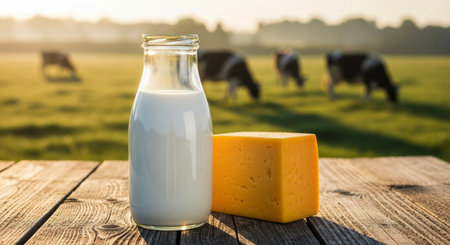 Glass bottle of fresh white milk and a block of yellow cheddar cheese on a rustic wooden table. cows graze in a green pasture in the background under warm morning sunlight, depicting natural dairy production.の素材