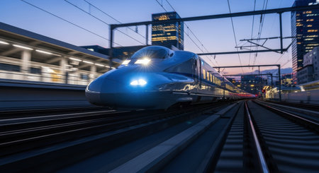 Sleek silver bullet train with glowing blue headlights moving rapidly on tracks past a city skyline and station platform at twilight, symbolizing speed and modern transport.の素材