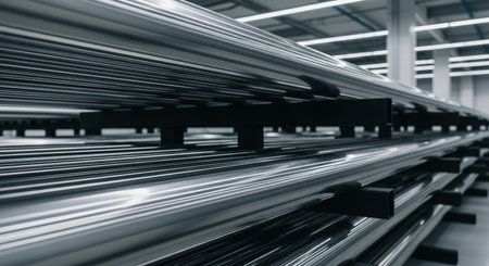 Numerous shiny metal pipes stacked horizontally on black supports in a clean industrial warehouse, representing manufacturing and raw materials.の素材