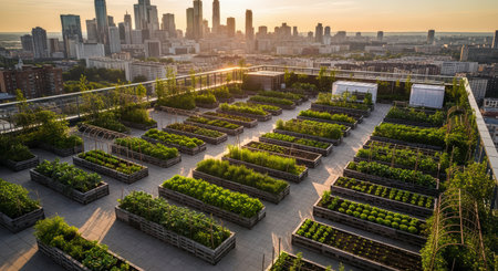 Vast rooftop garden featuring numerous raised beds with diverse green crops, set against a modern city skyline during sunset, highlighting urban sustainability and eco friendly living.の素材