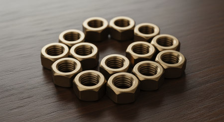 Bronze hexagonal screw nuts arranged in a circular pattern on a dark wooden surface. industrial fasteners for construction and repair.の素材