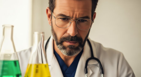 Mature male doctor or scientist with beard and glasses, wearing a lab coat and stethoscope, intently observing beakers with green and yellow liquids in a laboratory. focus on medical research and scientific discovery.の素材