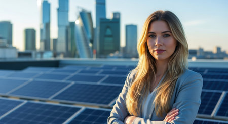 Young businesswoman with blonde hair standing confidently on a rooftop with solar panels, city skyline in the background, representing sustainable business and urban development.の素材