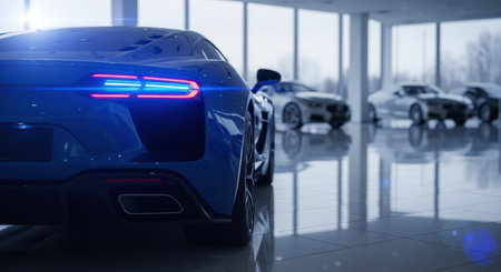 Sleek dark blue modern sports car with bright neon blue LED taillights illuminated, standing prominently on a highly polished floor in a luxury car showroom with other vehicles blurred in the background.の素材