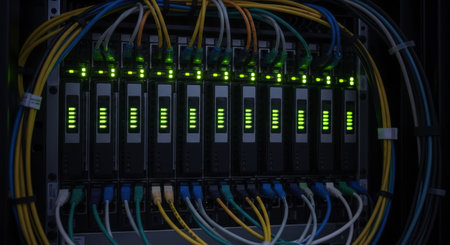 Modern network server rack with multiple modules, glowing green LED indicator lights, and various colorful network cables connected. represents data processing and connectivity.の素材