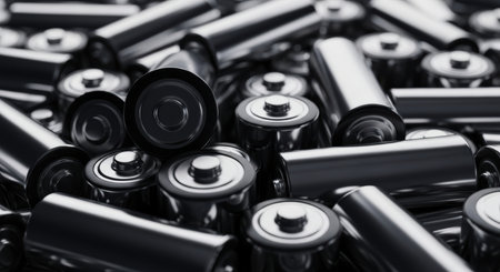 Shiny silver AAA alkaline batteries with black caps piled densely, symbolizing energy, power, and modern technology.の素材