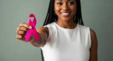 Smiling black woman holding a vibrant pink ribbon, symbolizing breast cancer awareness and support for health campaigns.の素材