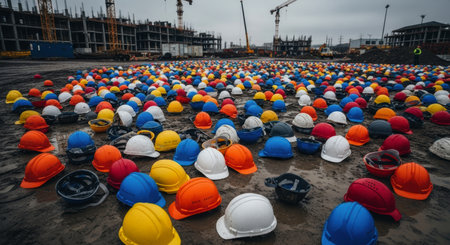 Hundreds of colorful safety hard hats scattered across a muddy construction site with large buildings and cranes in the background, symbolizing labor, safety, and industry.の素材