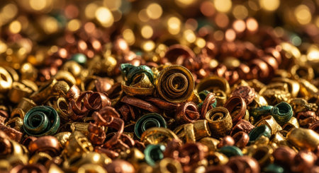 Dense pile of industrial brass and copper metal chips and coiled shavings, showcasing metallic texture and colors. ideal for themes of recycling, manufacturing, and raw materials.の素材