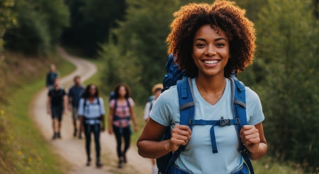 Smiling african american woman wearing a backpack, hiking on a winding forest path. a group of diverse friends follows behind, enjoying nature and adventure.の素材